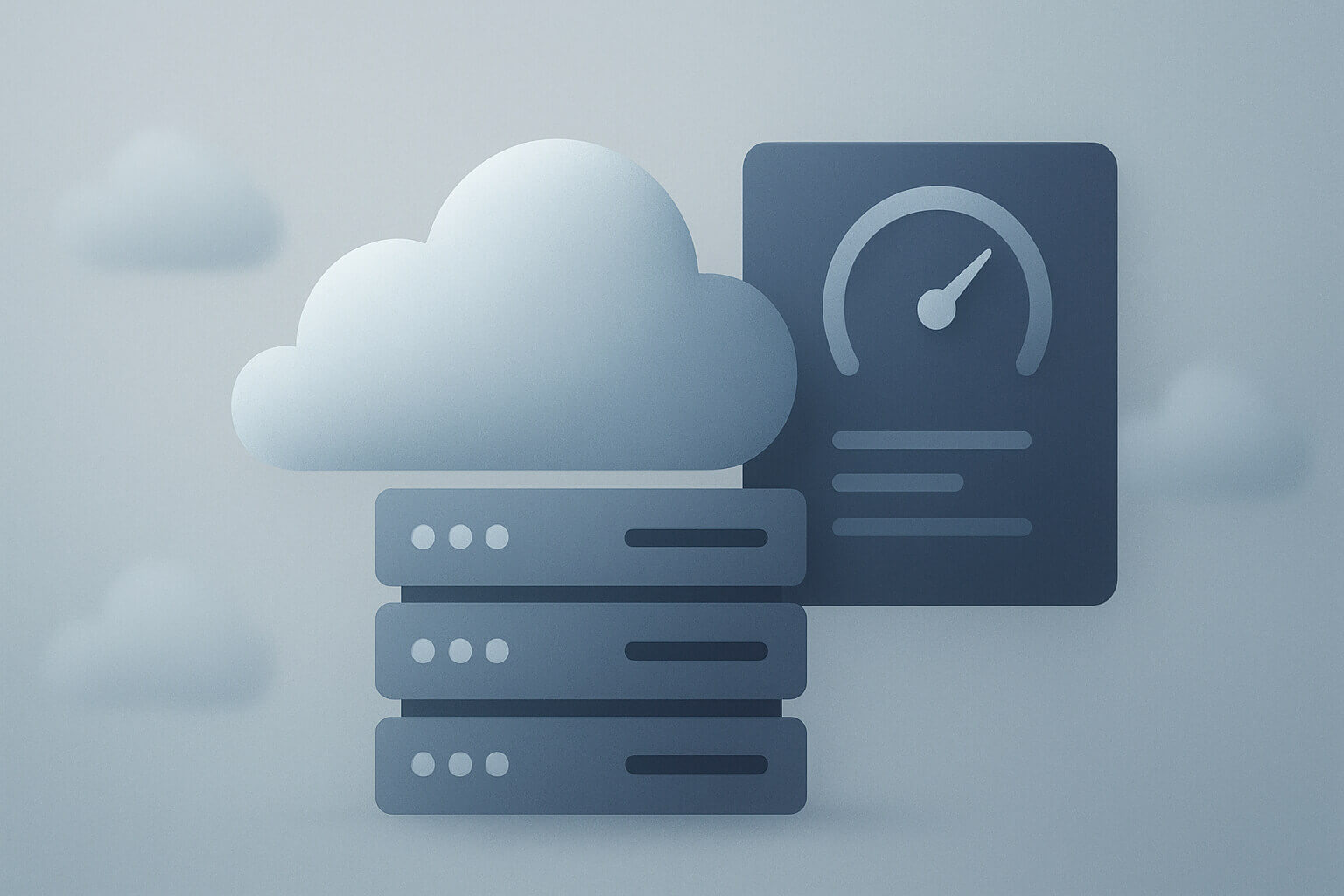 A stylized graphic shows a cloud above stacked server units with a speedometer icon and scattered clouds in the background.