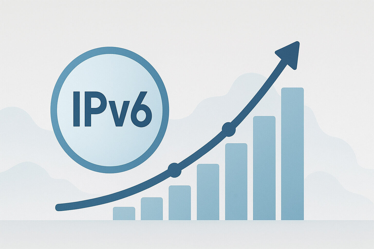 A large "IPv6" label next to a rising bar graph with an upward arrow, all in blue tones on a light background.