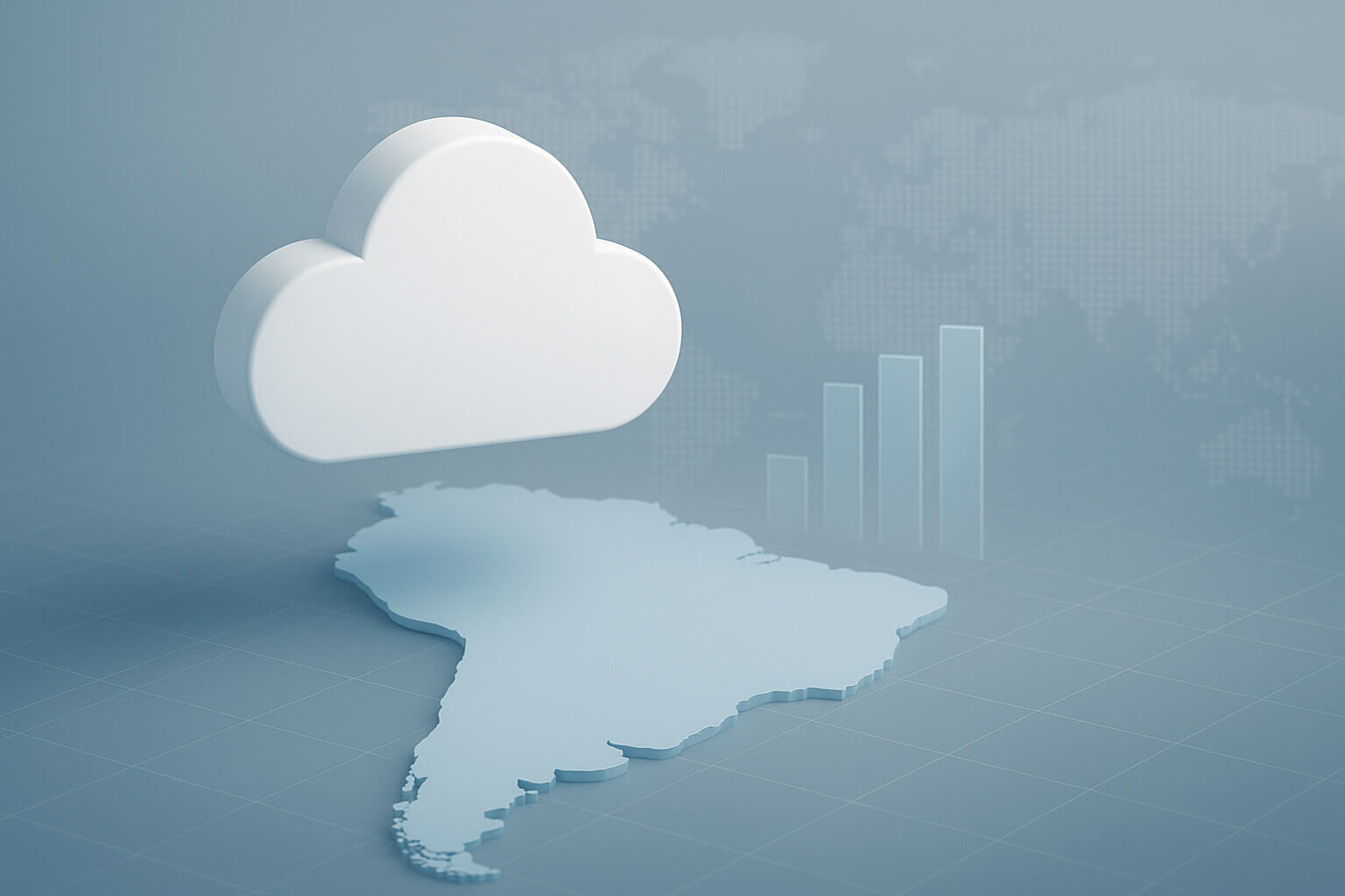 A white cloud icon hovers above a light blue map of South America with bar graphs in the background.
