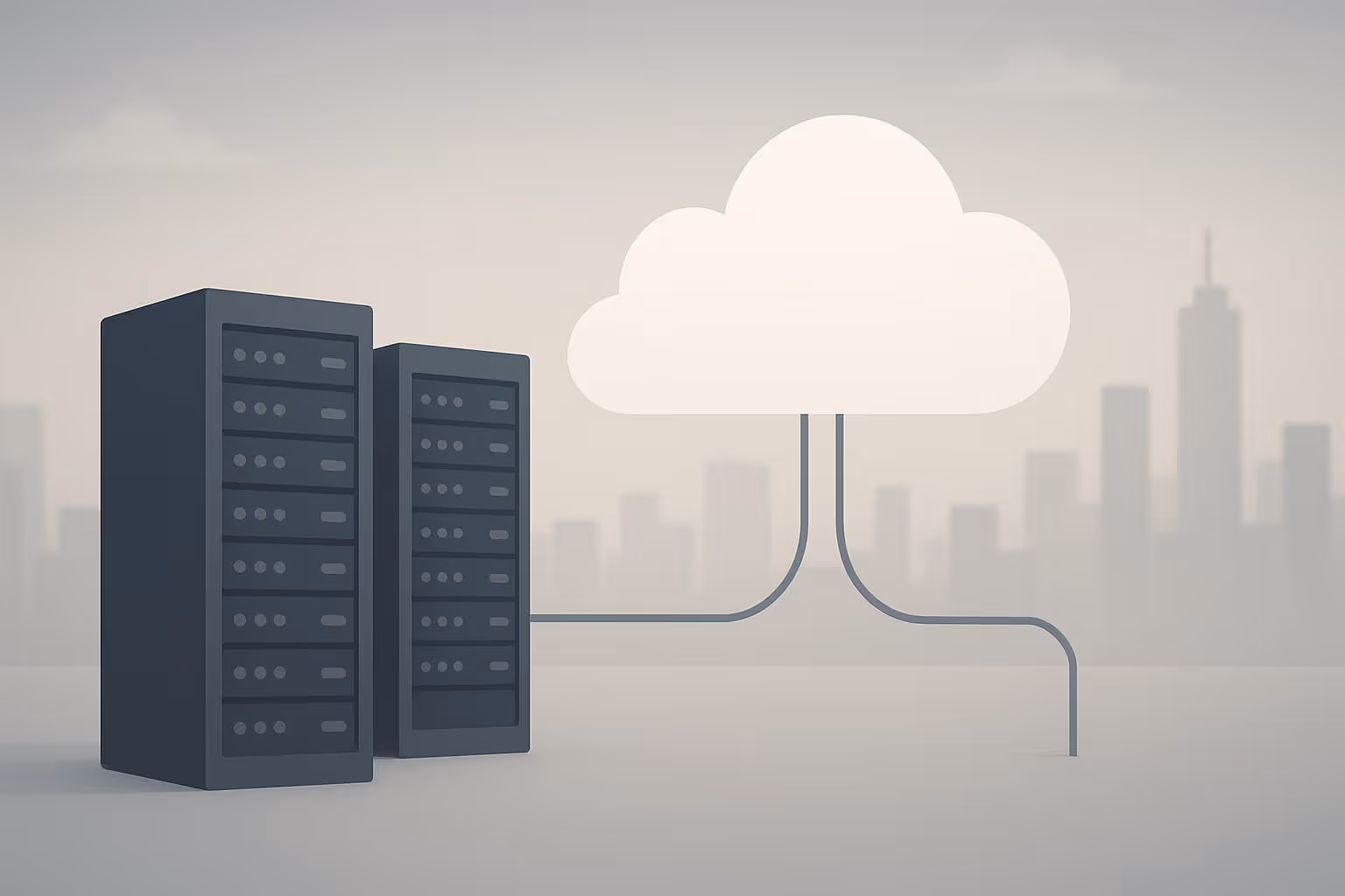 Two dark server racks are connected by lines to a large cloud icon, with a city skyline in the background.