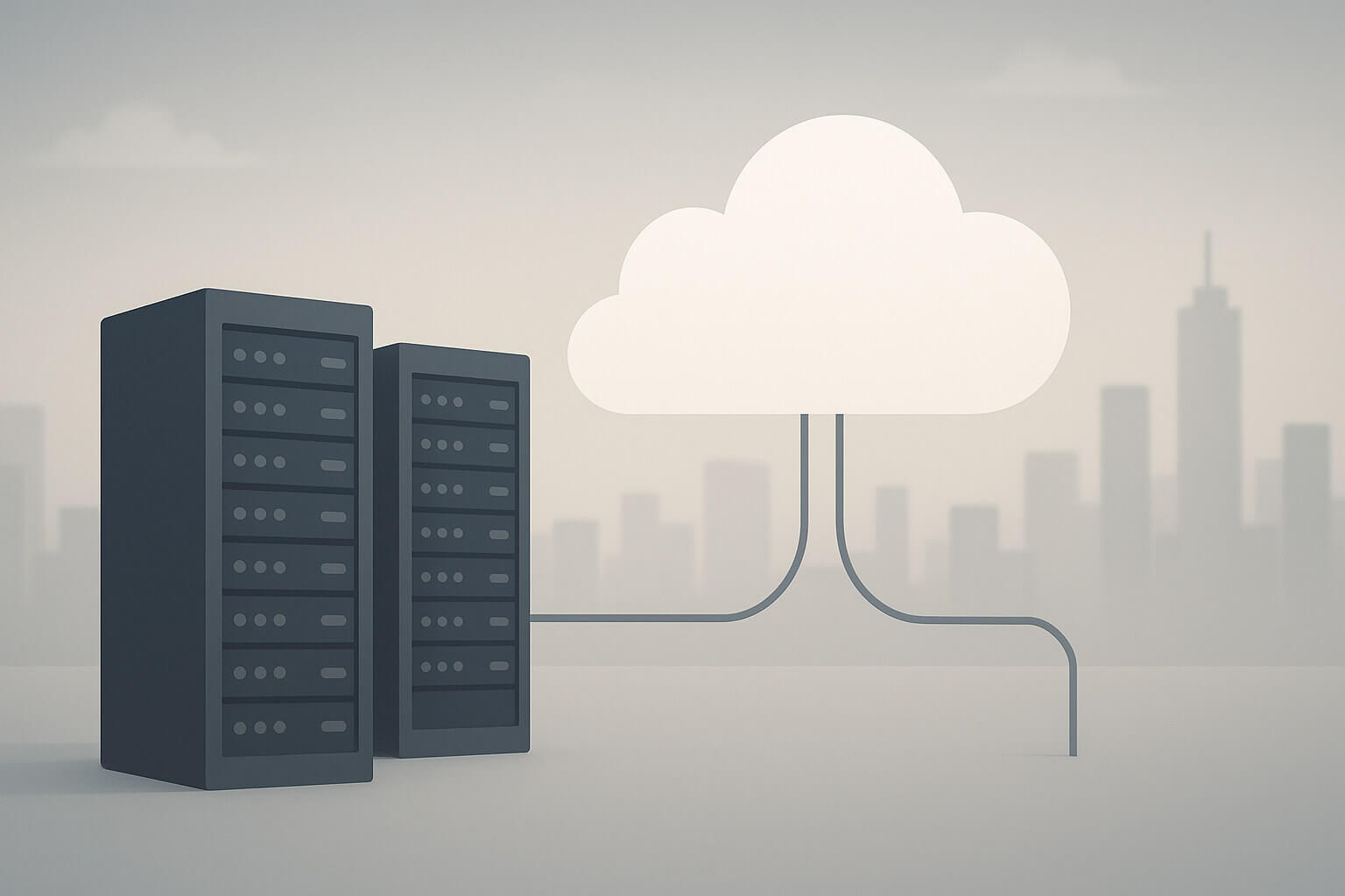 Two dark server racks are connected by lines to a large cloud icon, with a city skyline in the background.