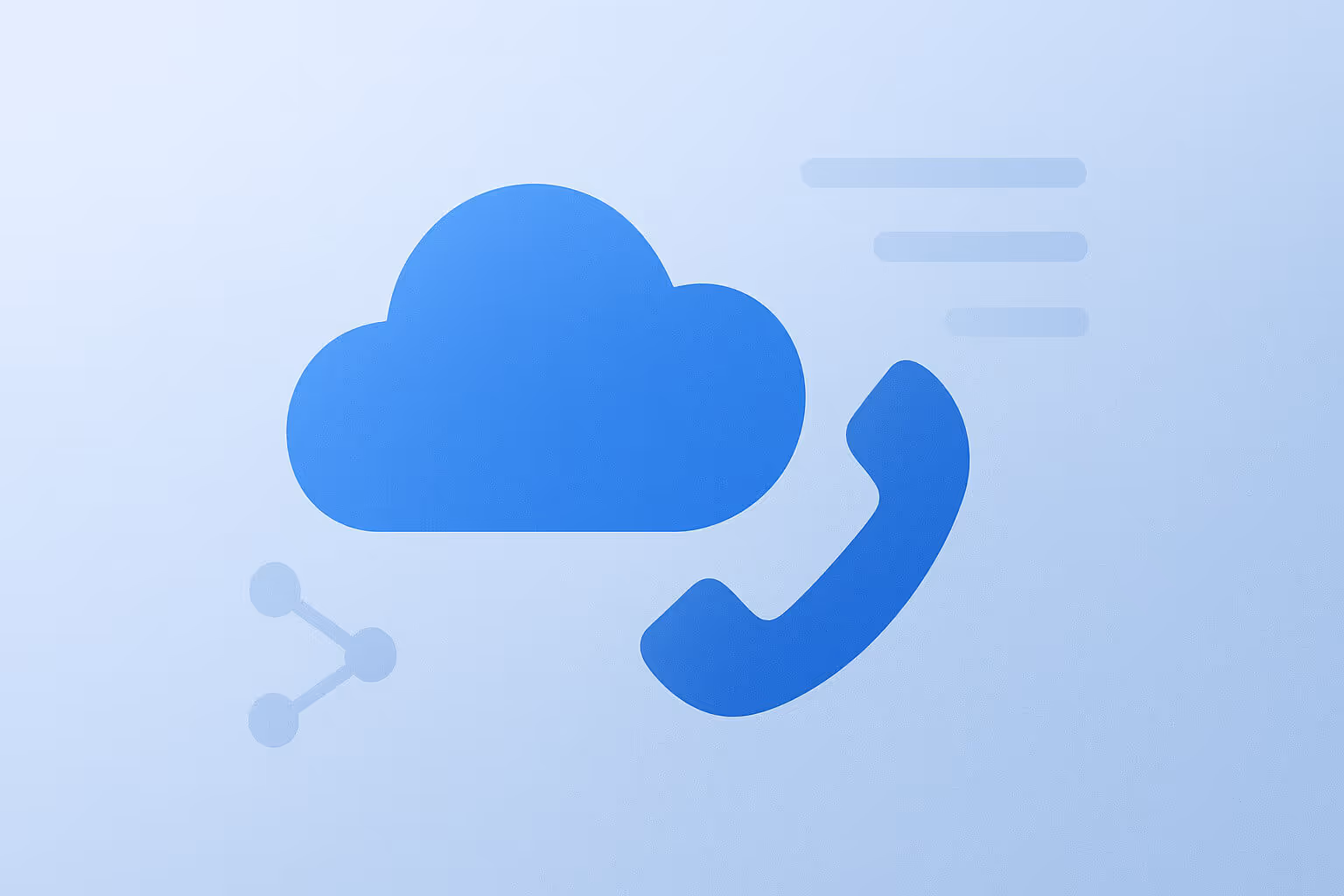 A blue cloud icon, a blue phone receiver icon, and three blue lines on a light blue gradient background.