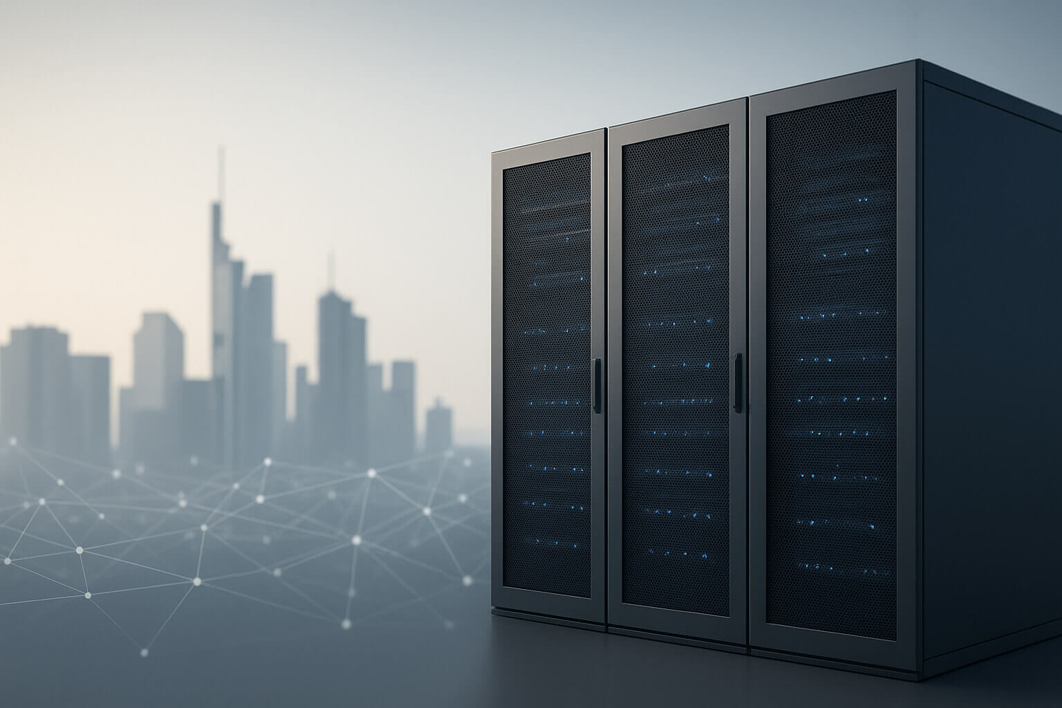 Three server racks with blue indicator lights stand in front of a blurred city skyline and network graphic.