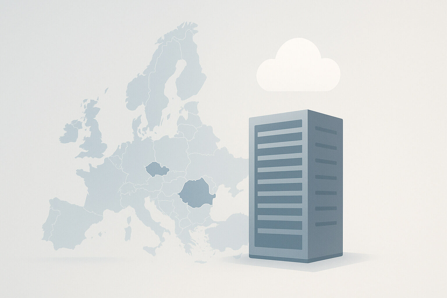 A simplified illustration shows a large server building, a cloud icon, and a map of Europe in the background.