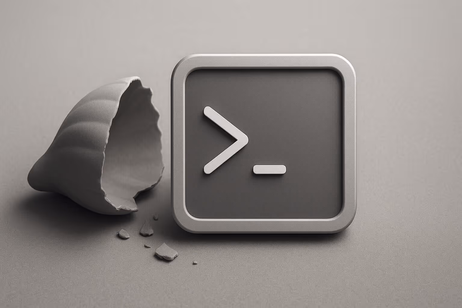 A broken shell and a square key with a terminal prompt symbol on a plain gray surface.
