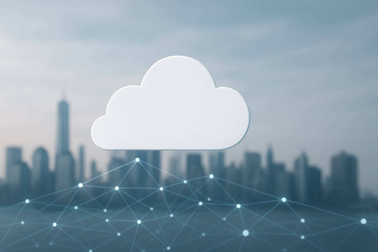 A large white cloud icon appears above a blurred city skyline with a connected network pattern in the foreground.