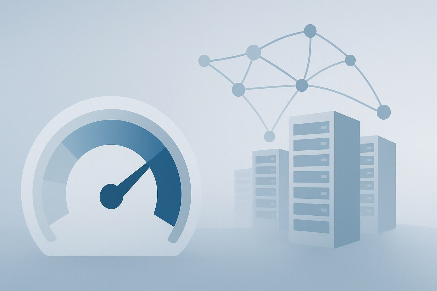 A speedometer icon, three server racks, and a network diagram with connected dots on a light blue background.