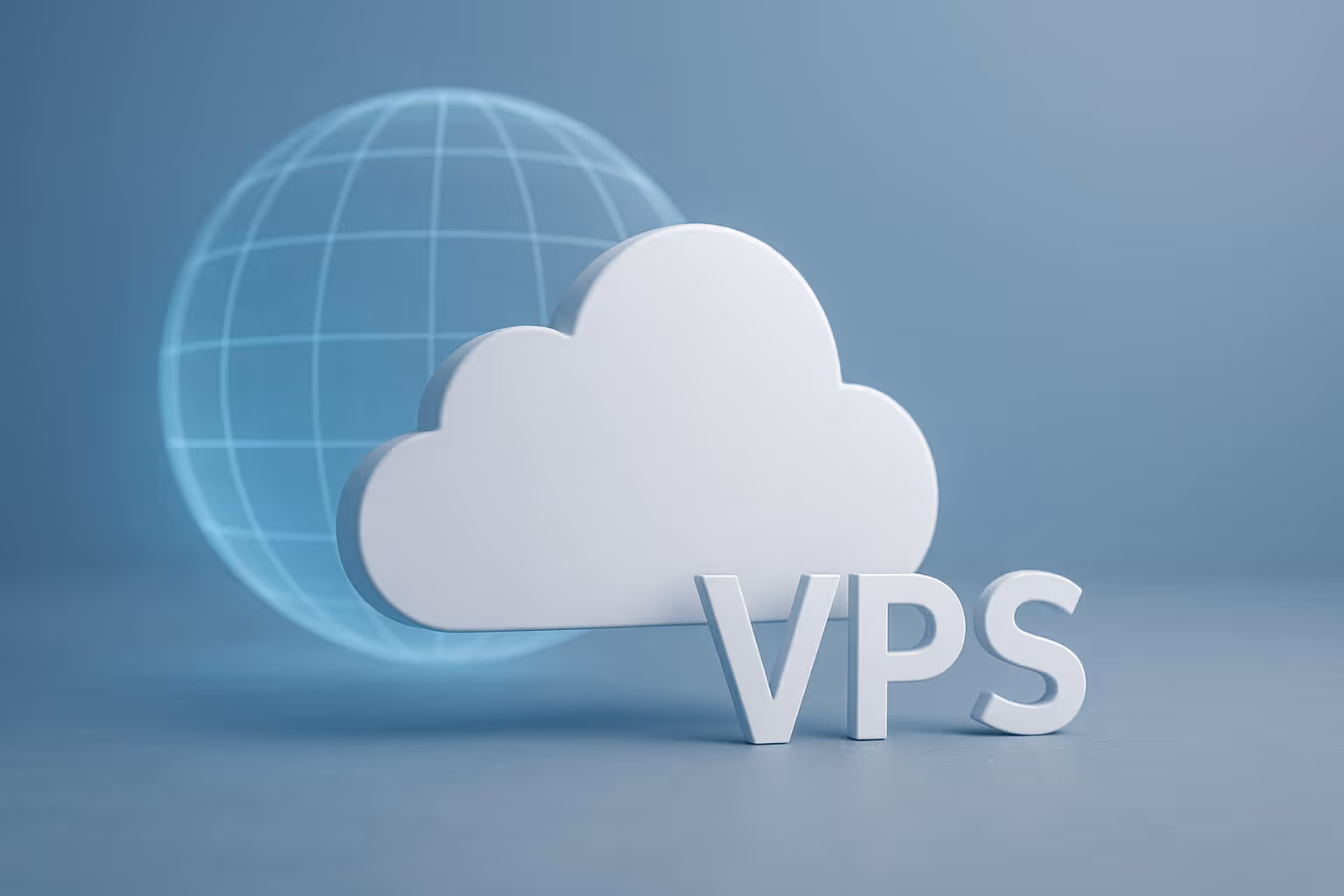 A white cloud shape and large VPS letters appear in front of a blue wireframe globe on a light blue background.
