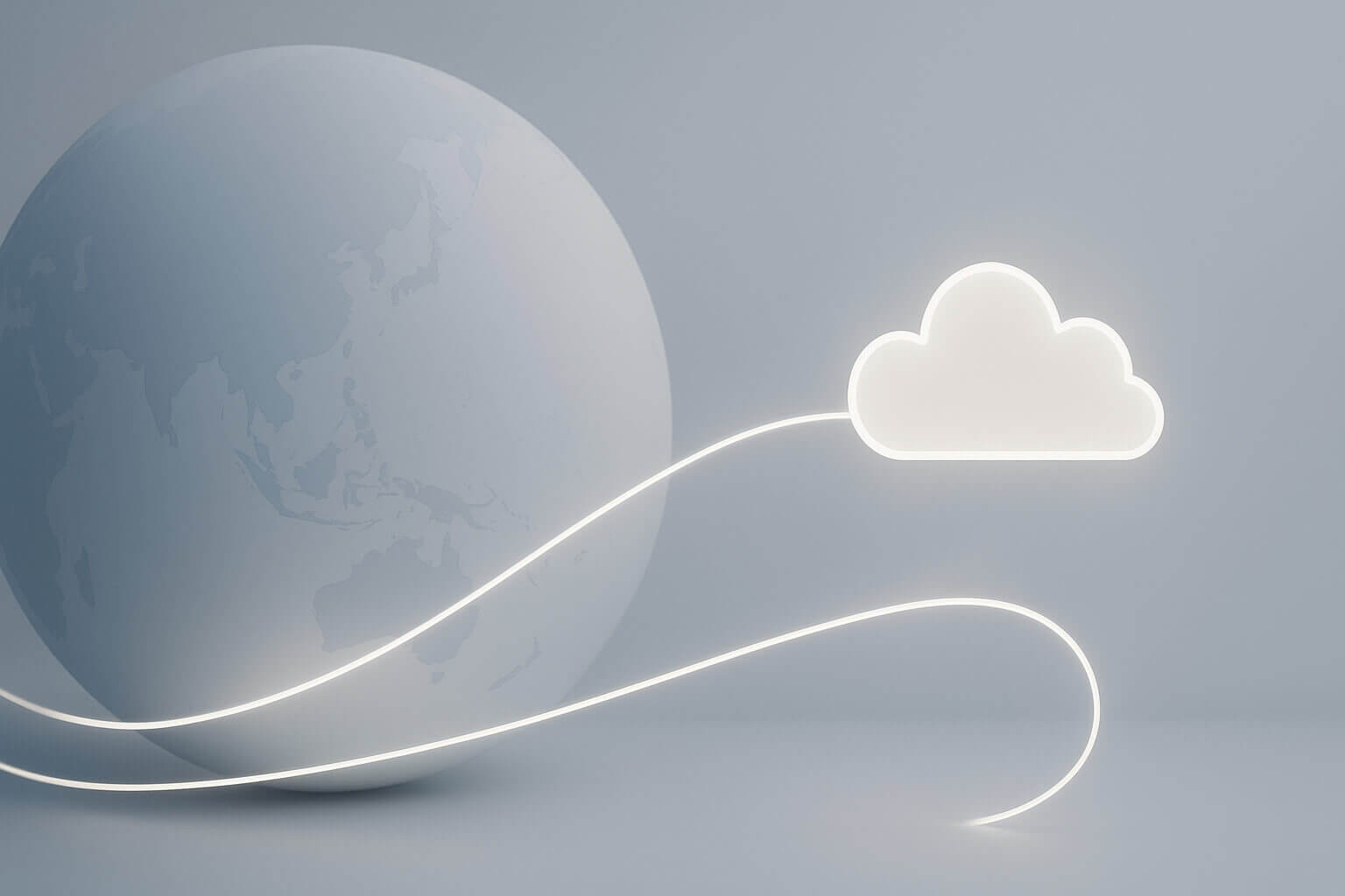 A stylized globe with faint continents is beside a glowing cloud icon connected by curved illuminated lines.