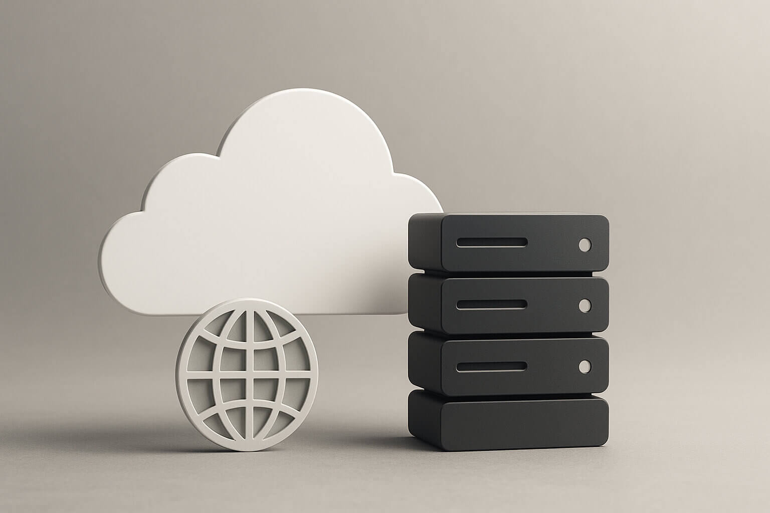 A white cloud shape, a globe symbol, and a stack of four black rectangular blocks on a neutral background.