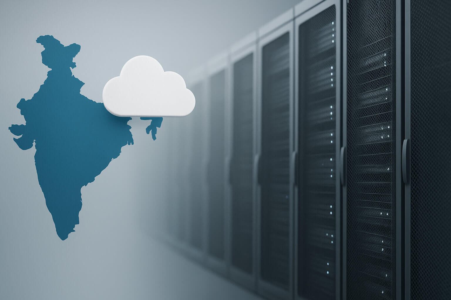 A white cloud icon overlaps a blue map outline of India next to a row of dark server racks.