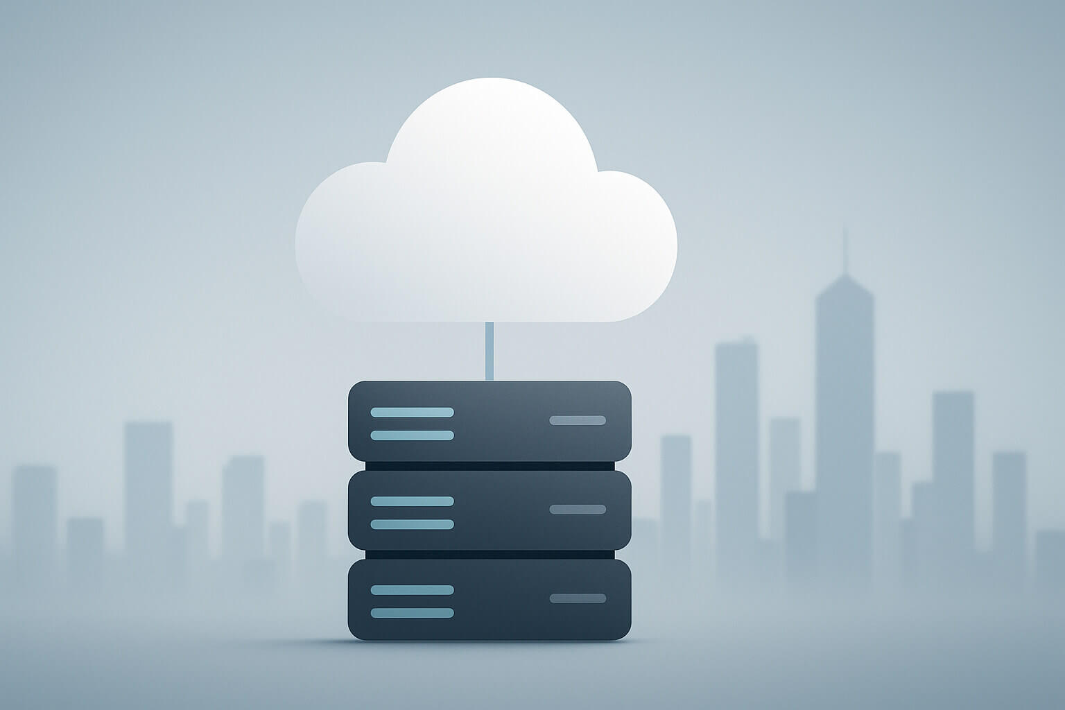 A cloud icon appears above three server units with a faint city skyline in the background.