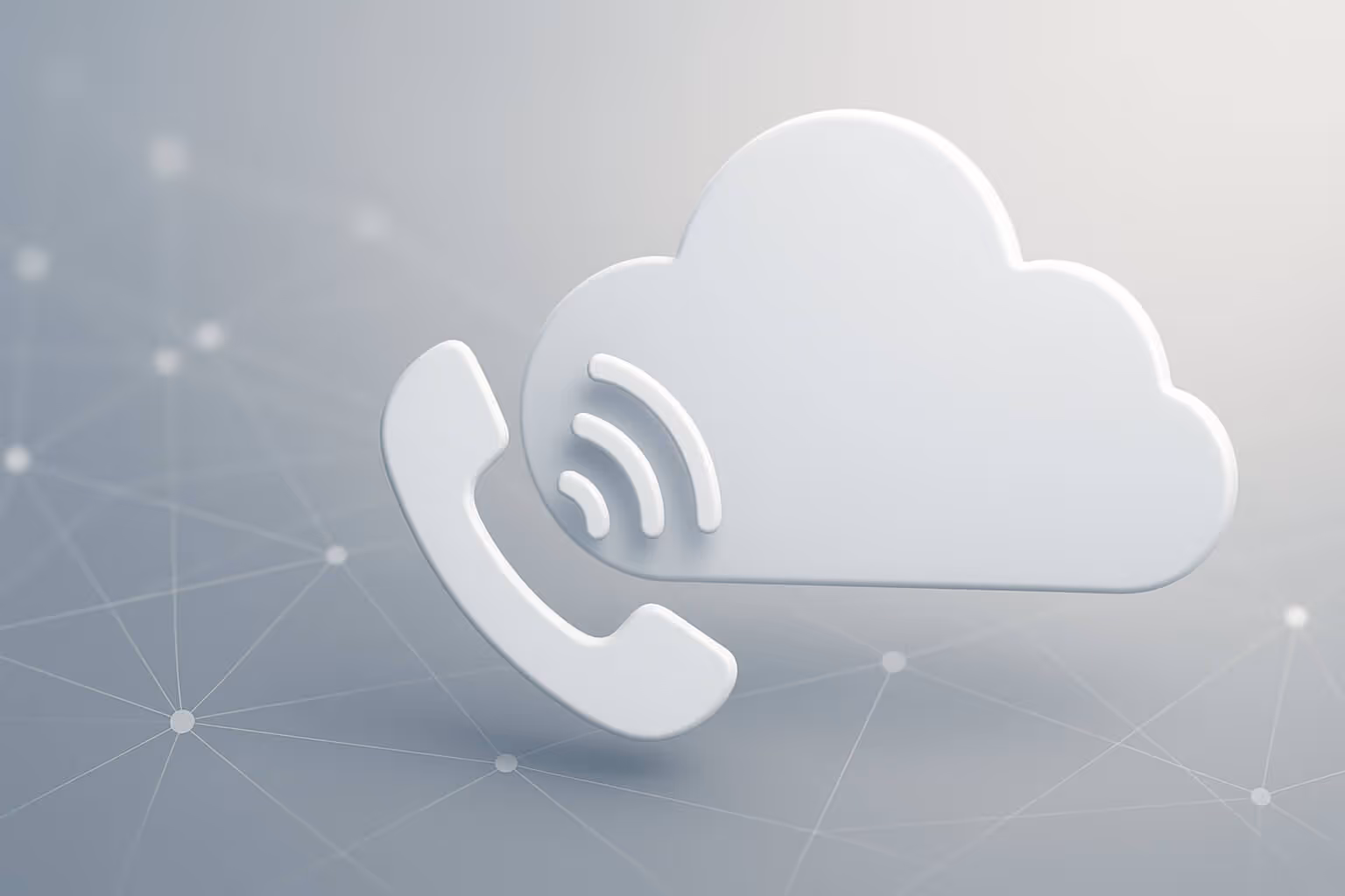 A white cloud icon next to a white telephone handset with three curved lines on a light grey background.