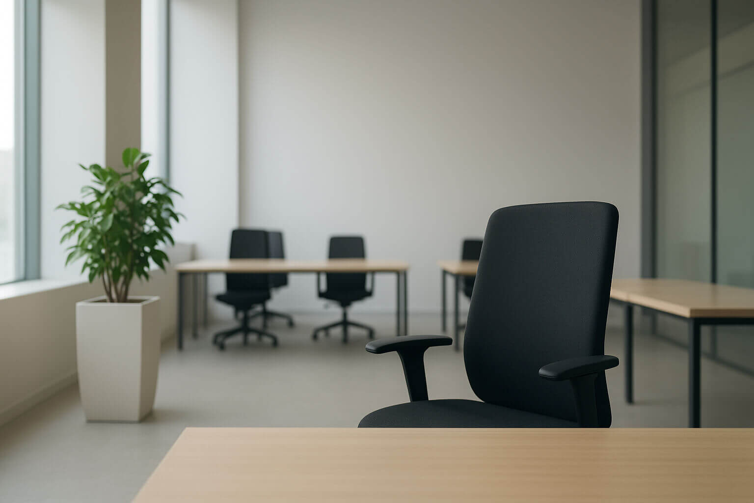 A modern office with empty desks, black chairs, large windows, and a potted plant in the corner.