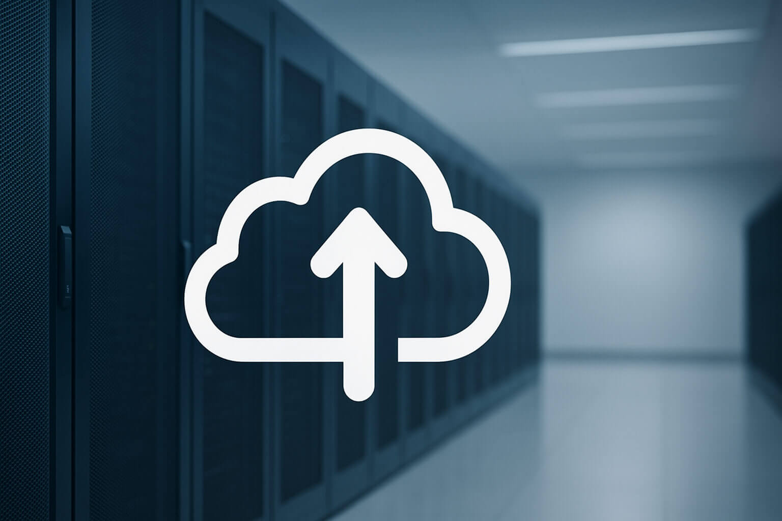 A large cloud icon with an upward arrow is overlaid on a hallway lined with dark server cabinets.