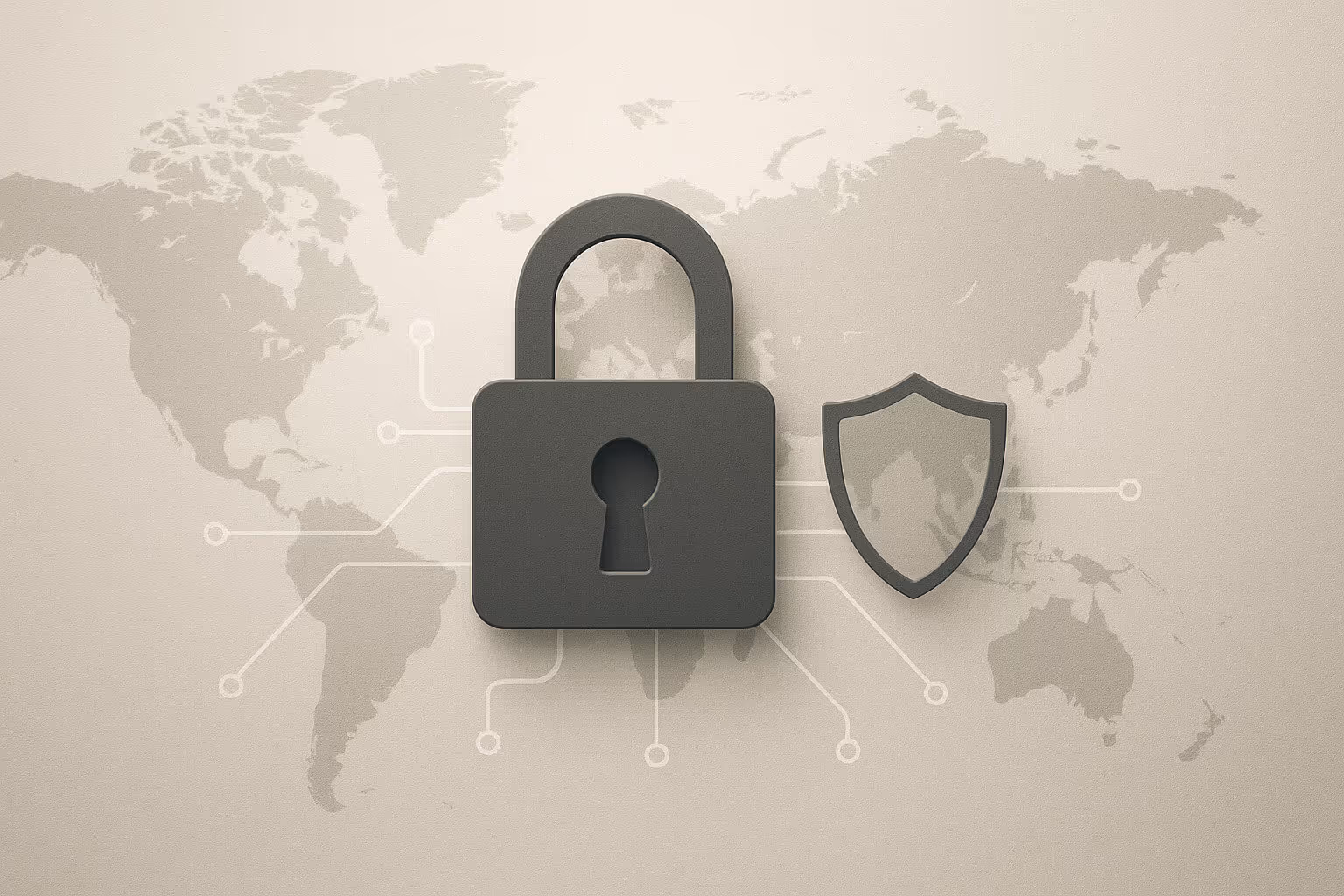 A dark padlock and shield icon are overlaid on a light world map with thin circuit-like lines.