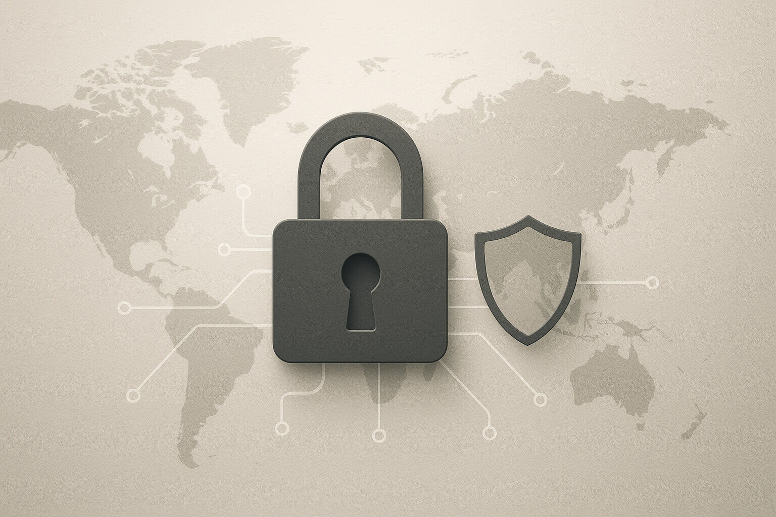 A dark padlock and shield icon are overlaid on a light world map with thin circuit-like lines.