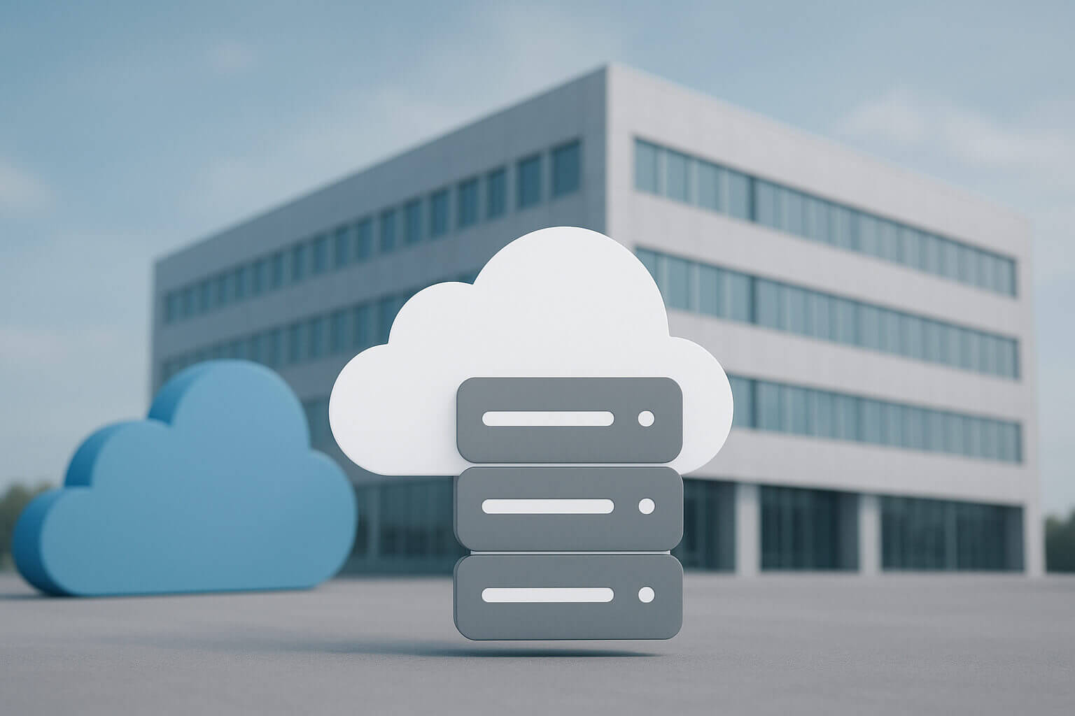 A white cloud and server icon and a blue cloud shape stand in front of a modern, multi-story office building.