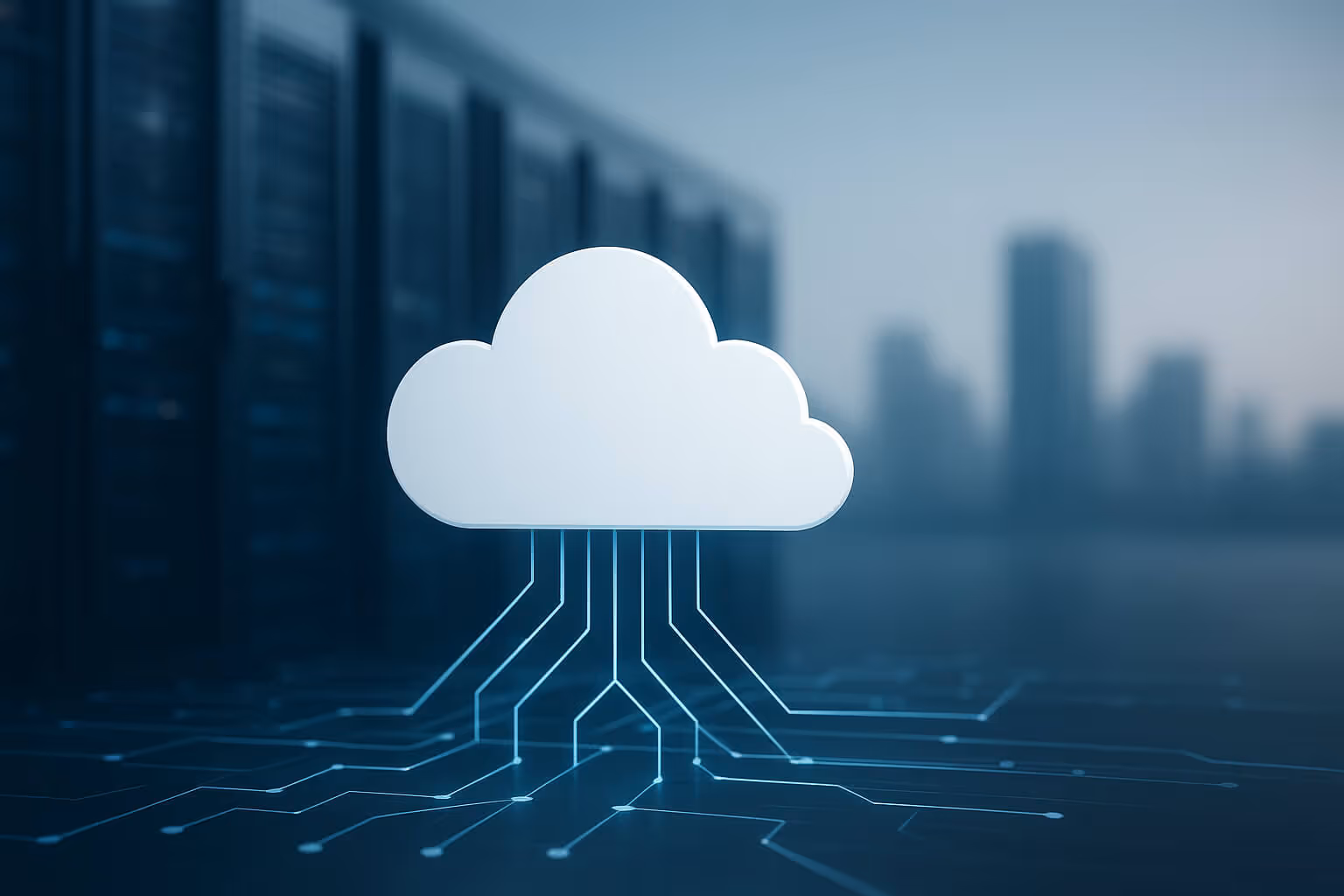 A digital cloud icon is connected to circuit-like lines, with blurred server racks and city buildings in the background.