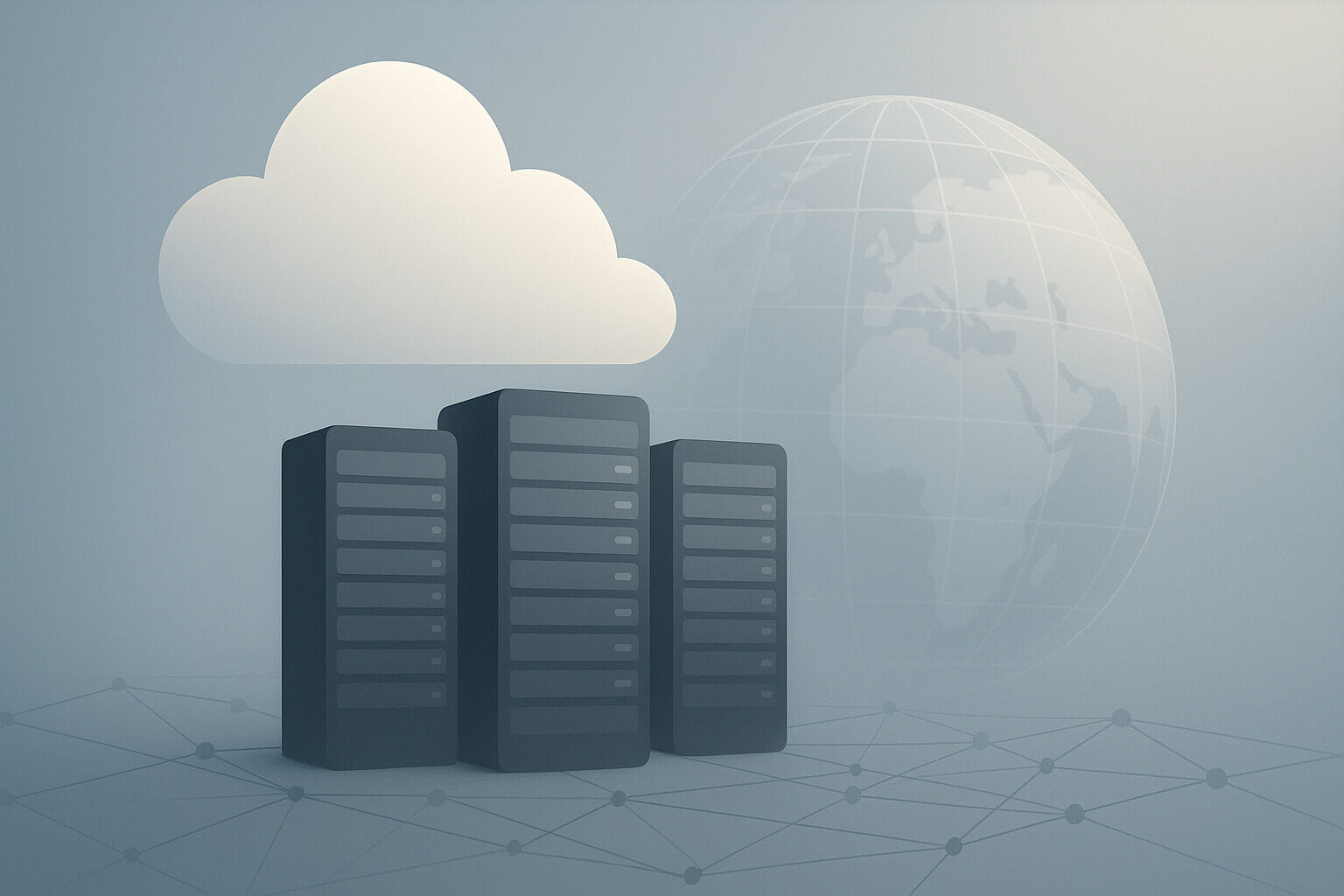 Three server racks in front of a large cloud icon and a faint globe illustration on a network grid background.