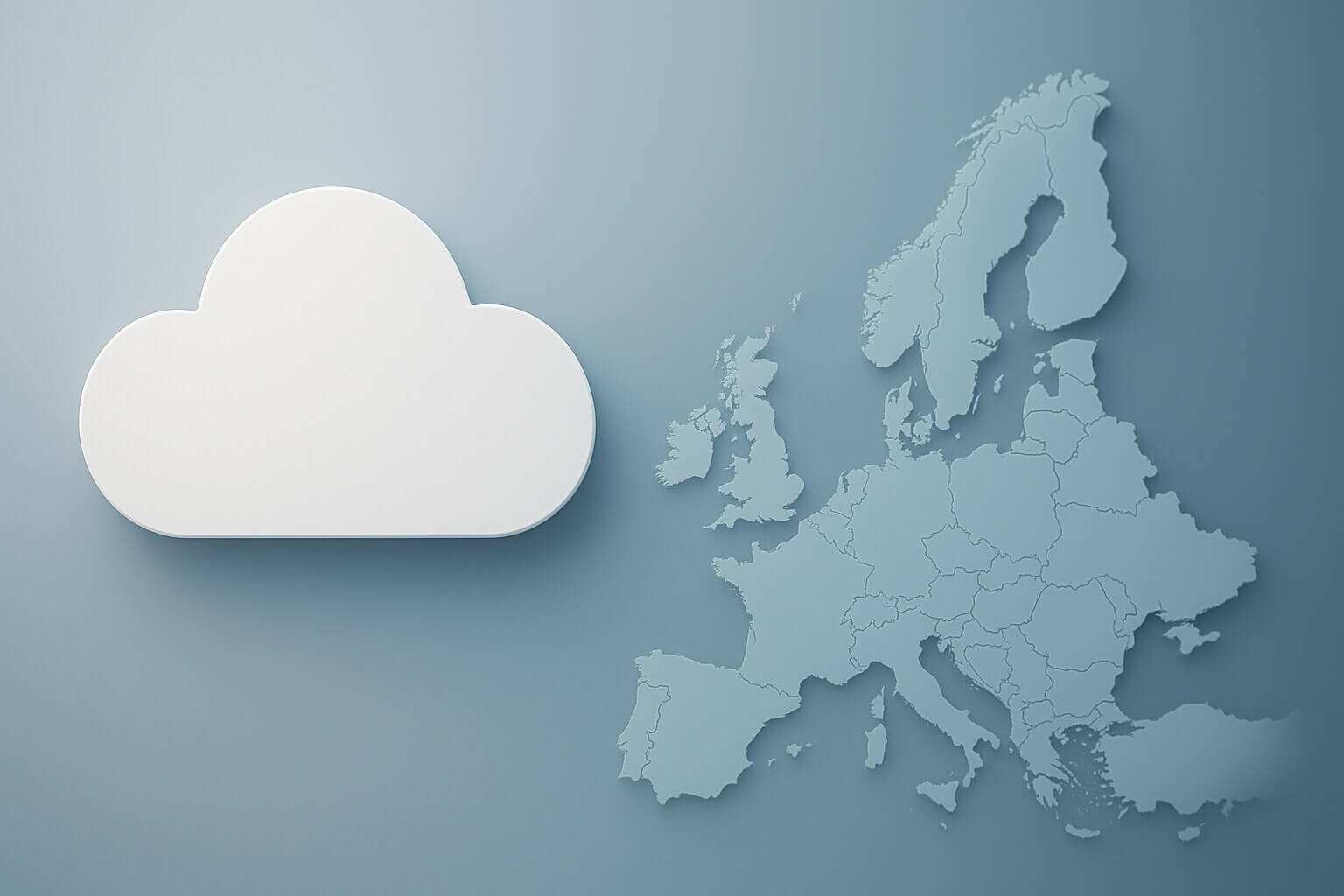 A white cloud shape is shown next to a blue map of Europe on a light blue background.