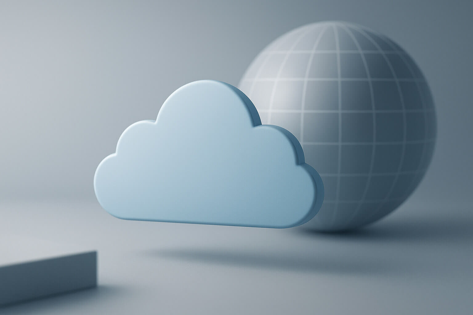 A blue cloud shape floats in front of a semi-transparent sphere with grid lines on a grey background.