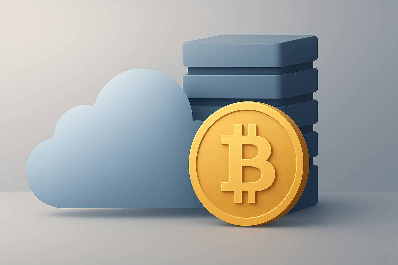A large yellow coin with a Bitcoin symbol in front of a blue cloud and stacked rectangular shapes.