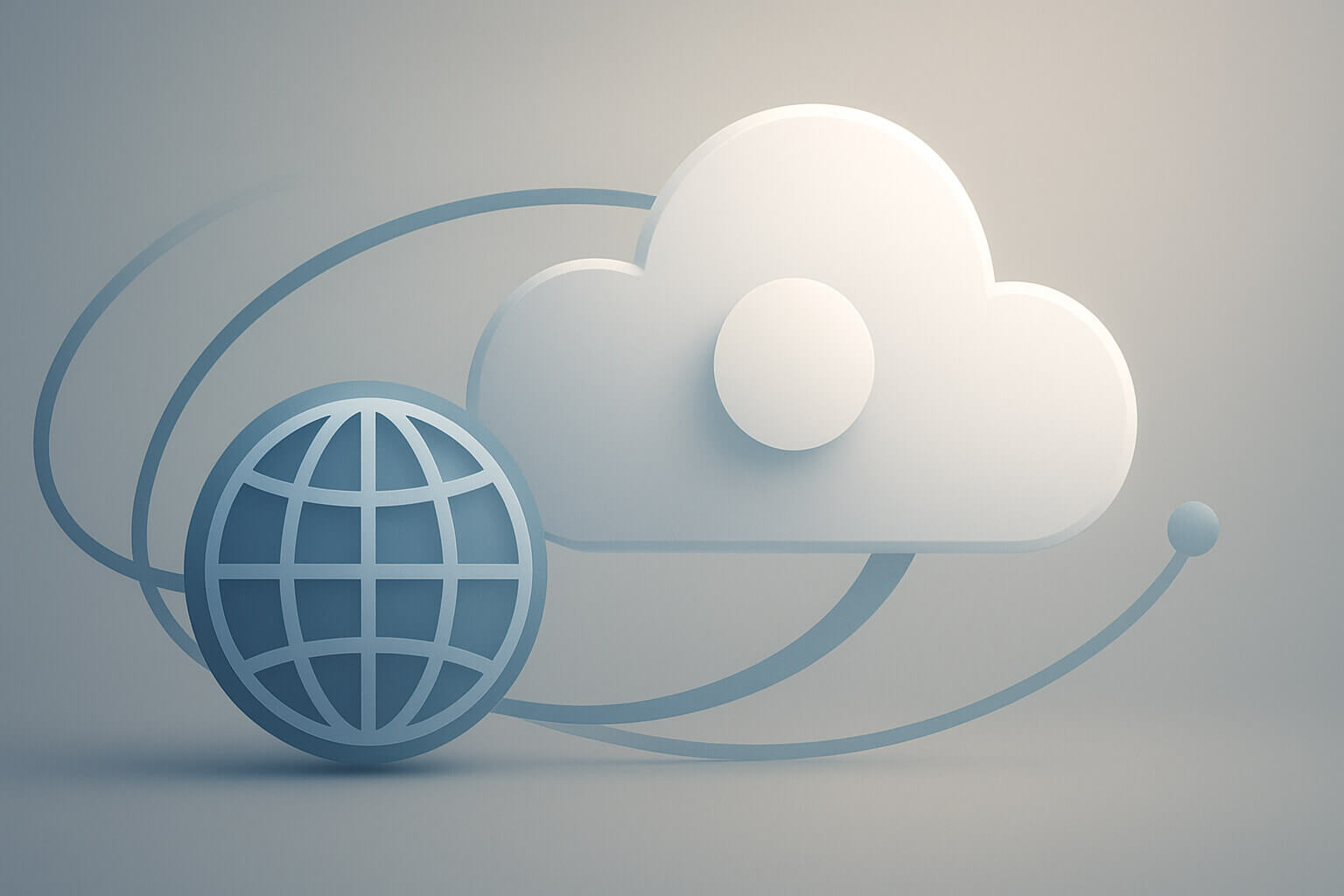 A blue globe icon and a white cloud icon are connected by curved blue lines on a neutral background.