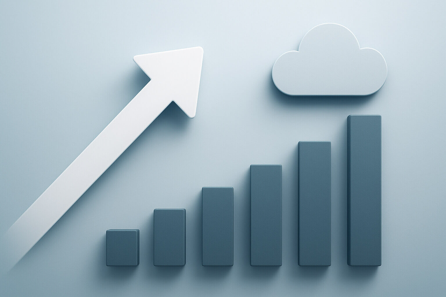 A 3D bar graph with five rising bars, a large upward arrow, and a cloud shape on a light blue background.