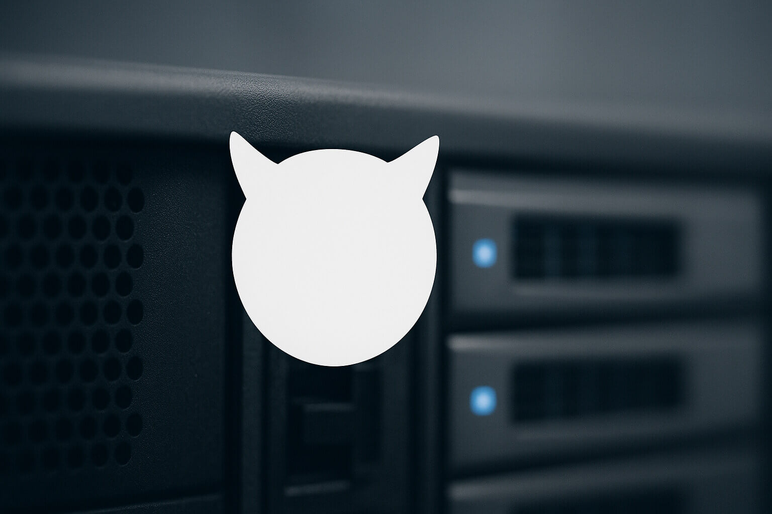 A white silhouette with two pointed ears is placed over the front of a dark server with blue indicator lights.