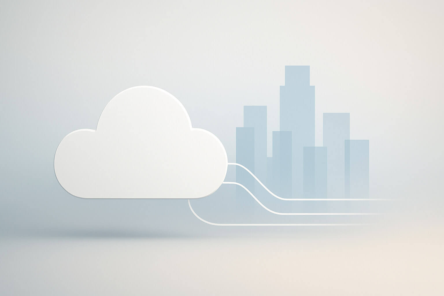 A white cloud shape with three lines extending toward simplified blue building silhouettes on a light background.