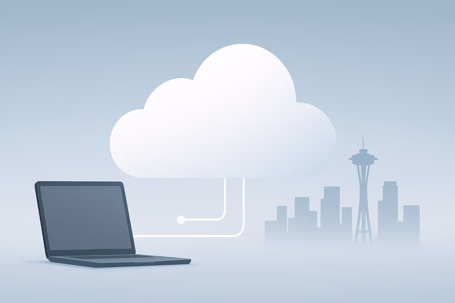 A laptop is connected by lines to a large cloud icon, with a faint city skyline in the background.