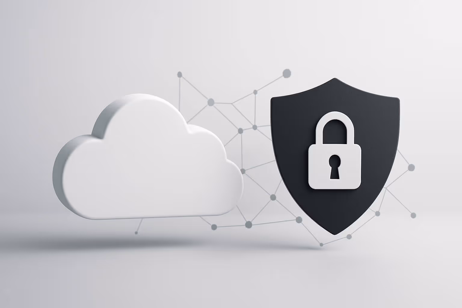 A white cloud and a black shield with a lock symbol are shown against a light background with connected dots.