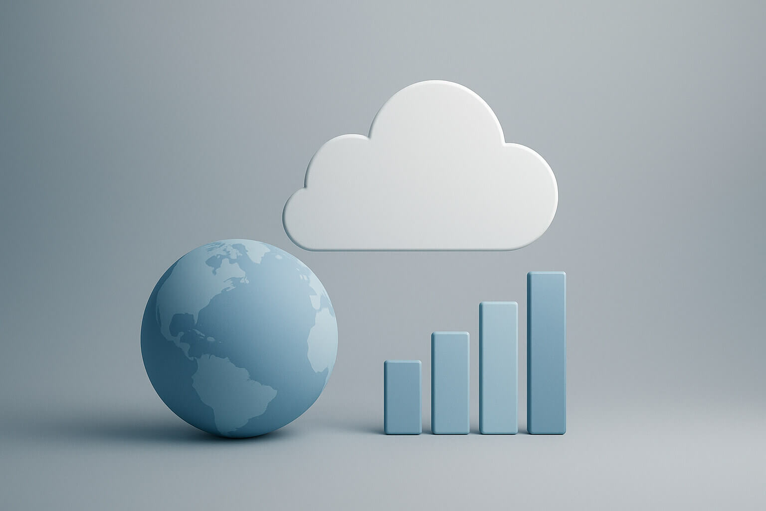 A blue globe, a white cloud shape, and four blue vertical bars of increasing height on a plain light background.