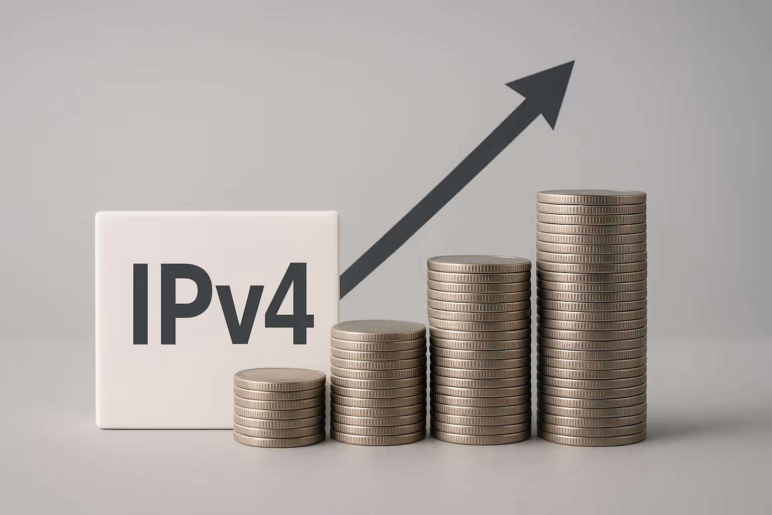 Stacks of coins increasing in height beside a block labeled IPv4, with an upward arrow in the background.
