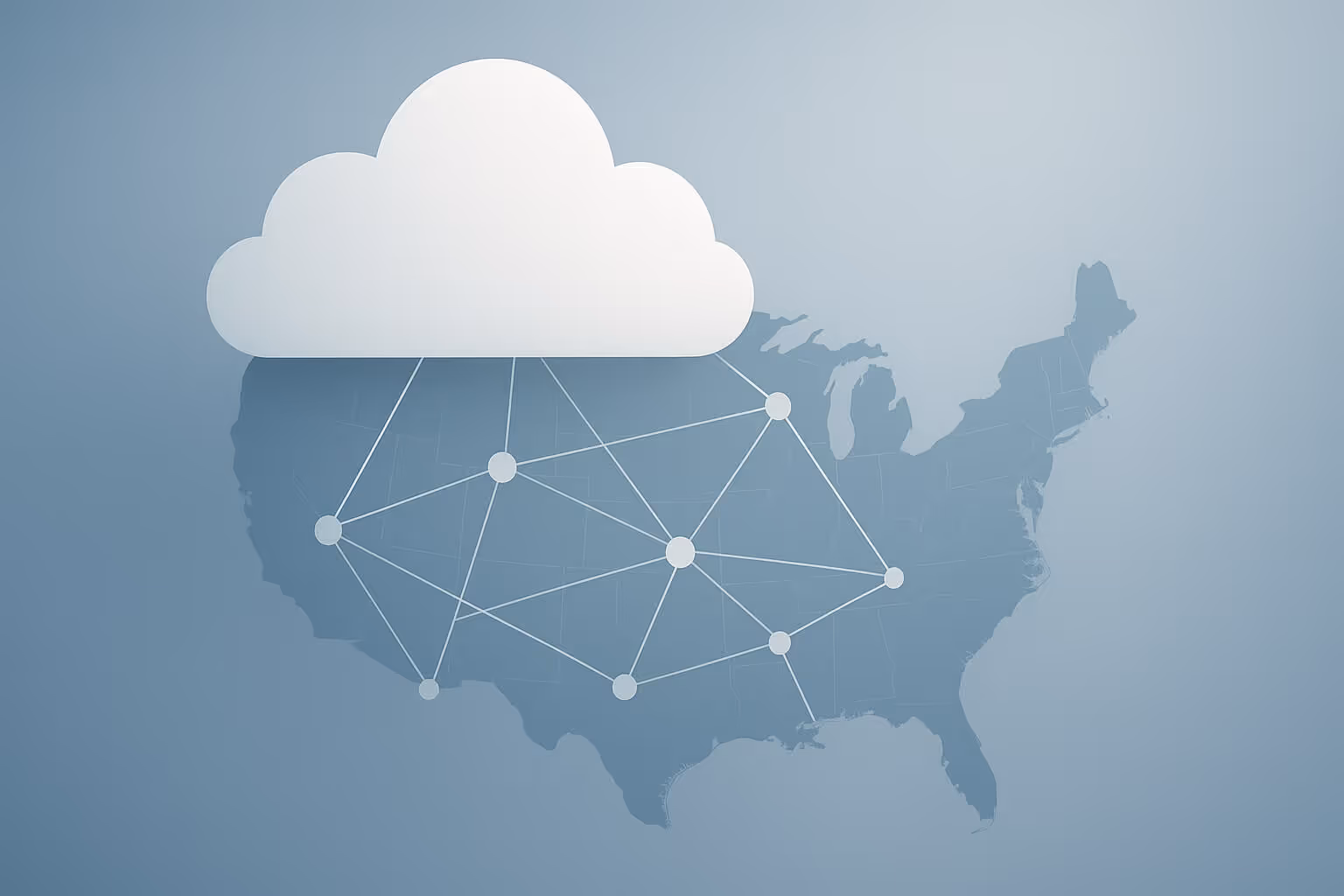 A white cloud icon above a map of the United States with interconnected nodes and lines.