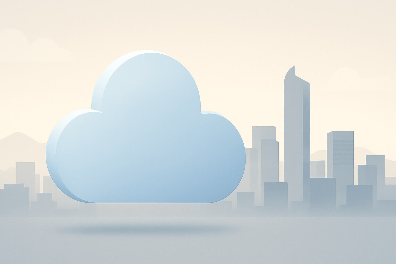 A large blue cloud shape floats in front of a stylized city skyline with tall buildings.