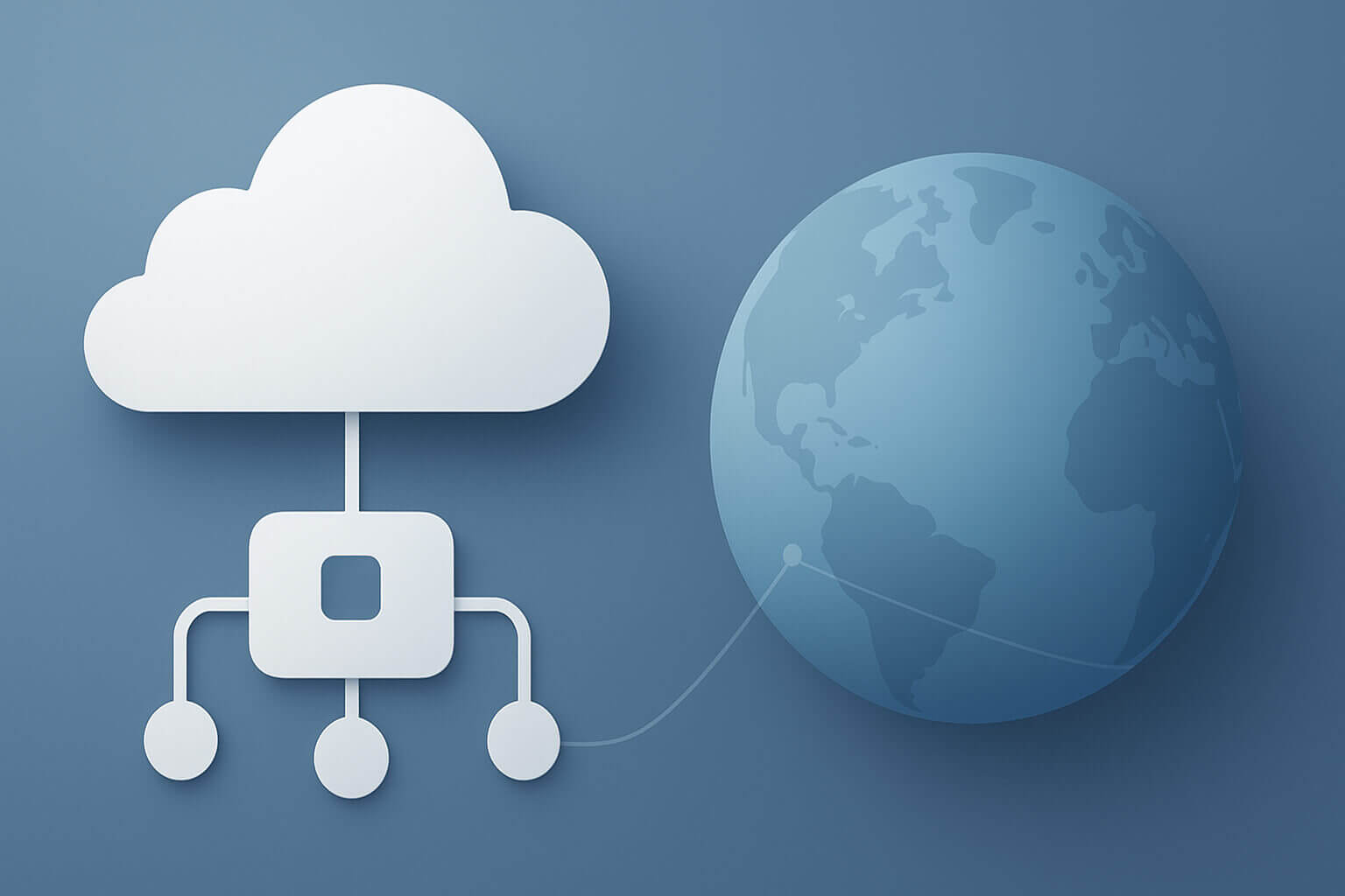 A stylized white cloud connected to a globe with simple network-like lines on a blue background.