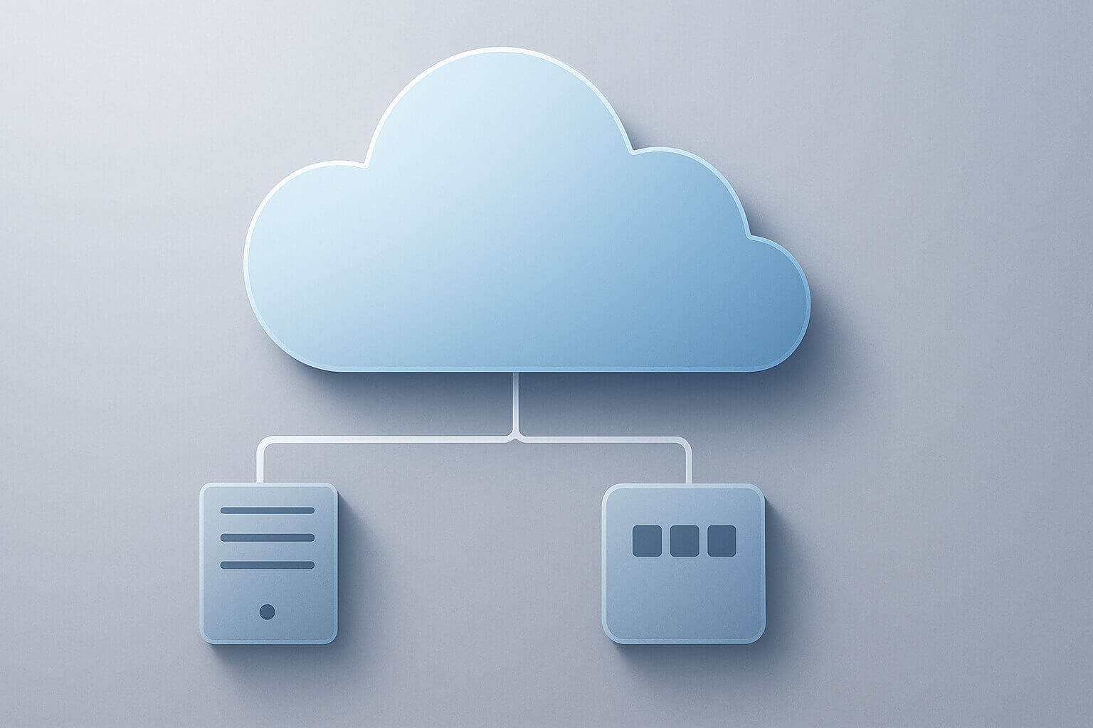 A large blue cloud icon is connected by lines to two smaller rectangular icons on a light gray background.
