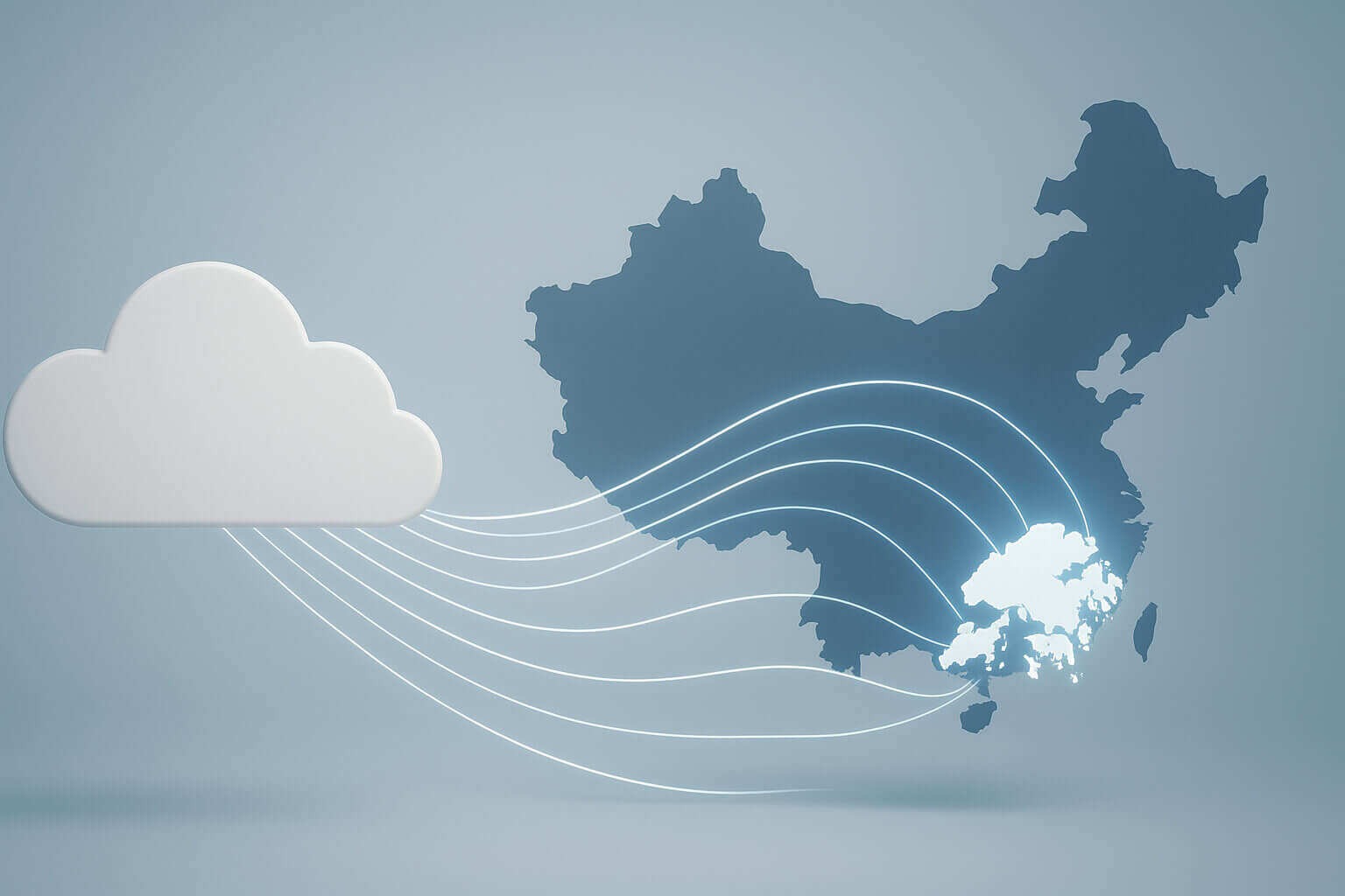 A white cloud icon with curved lines extends toward a highlighted region on a blue map of East Asia.