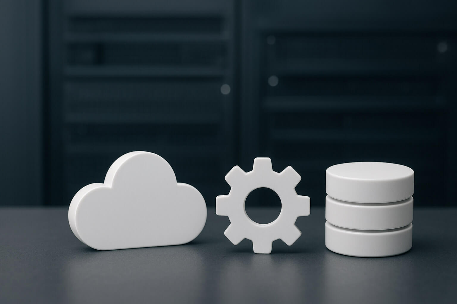 Three white figurines shaped like a cloud, a gear, and a stack of disks on a dark surface.