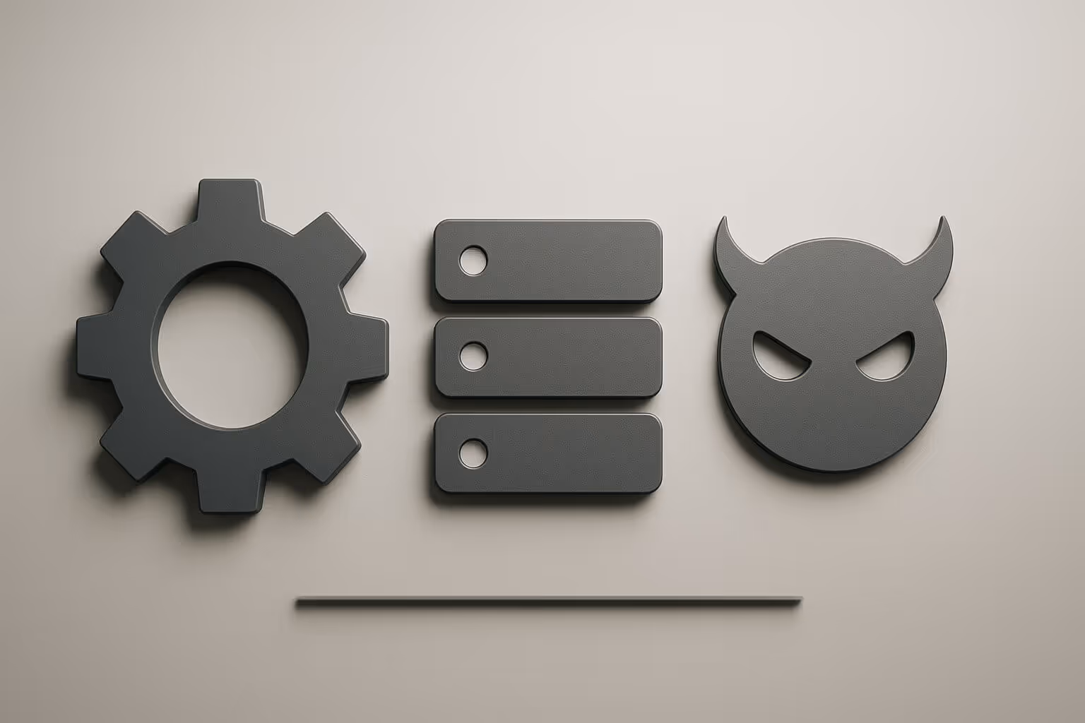 Three dark gray icons—a gear, three horizontal rectangles, and a horned circle—on a light background above a thin line.