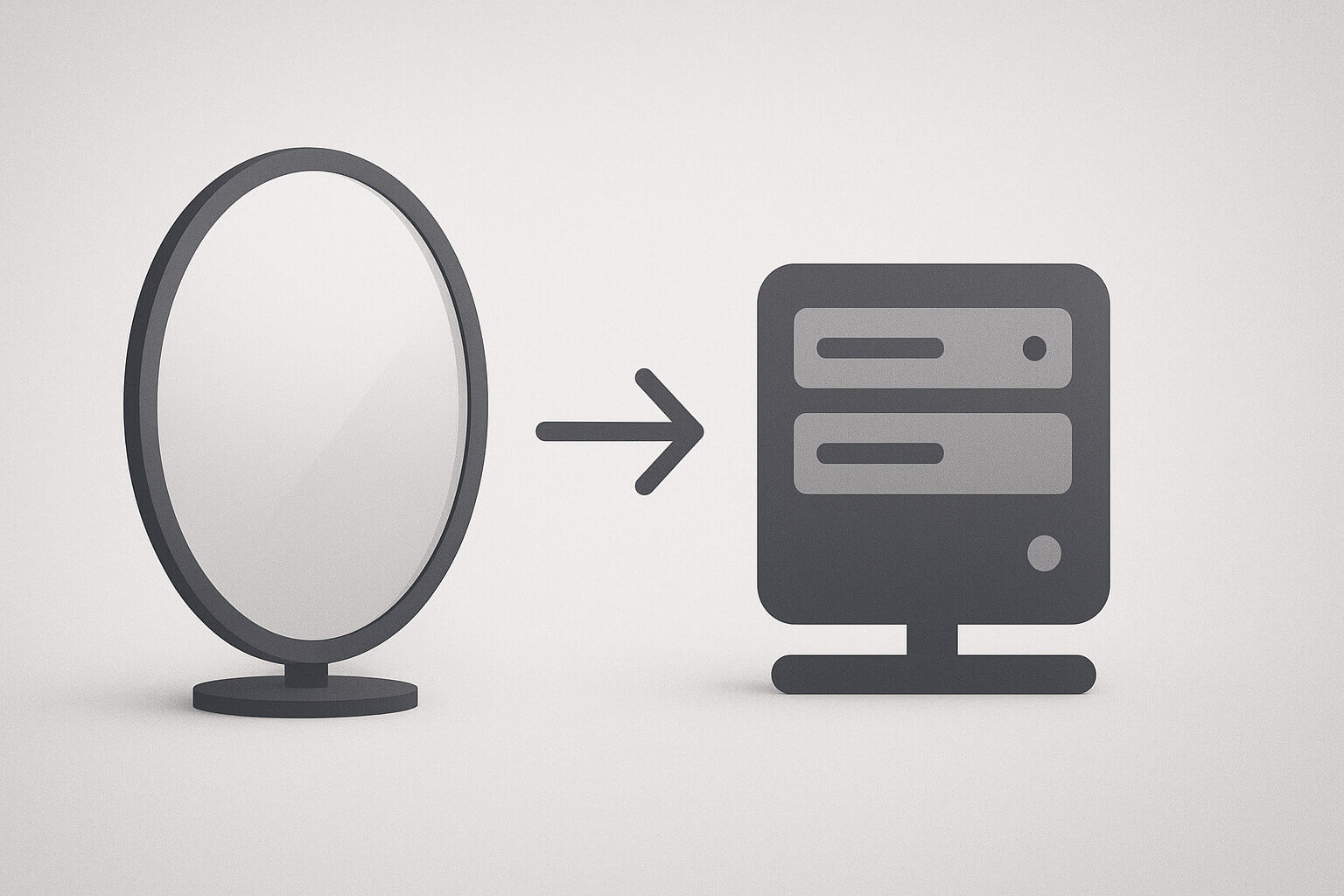 A simple graphic shows an oval mirror with an arrow pointing toward a stylized computer server icon.