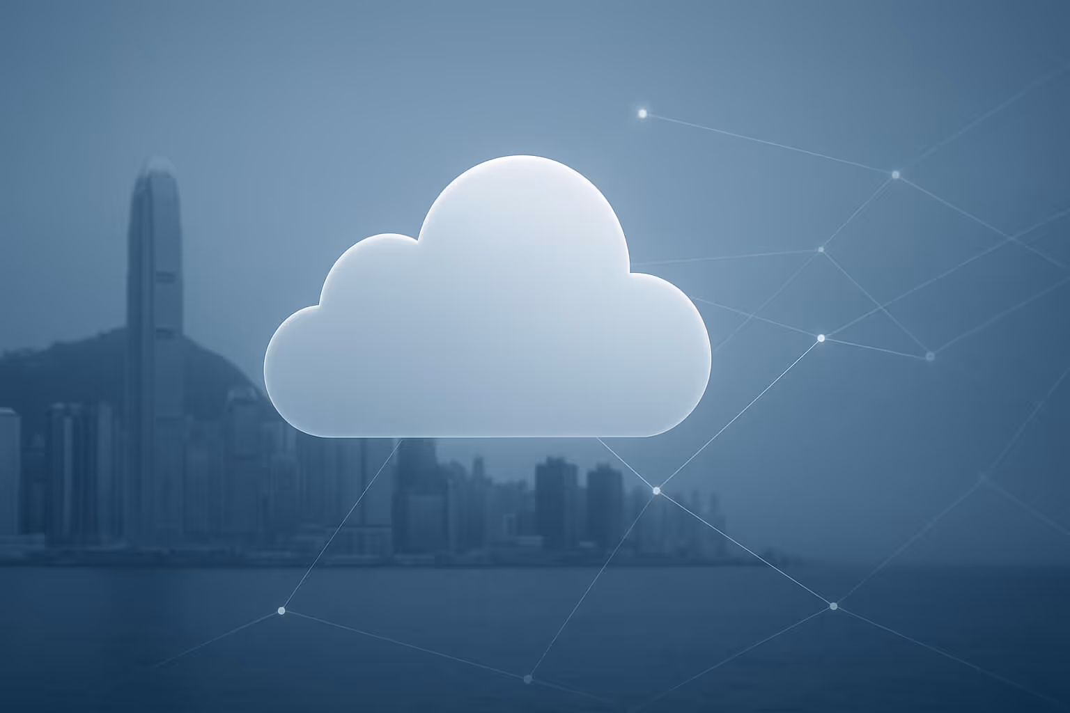 A large translucent cloud icon is centered over a city skyline with water and faint connecting lines.