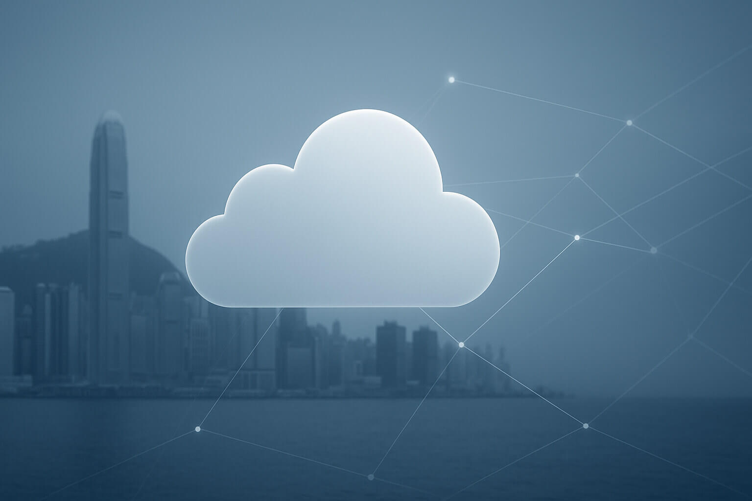 A large translucent cloud icon is centered over a city skyline with water and faint connecting lines.