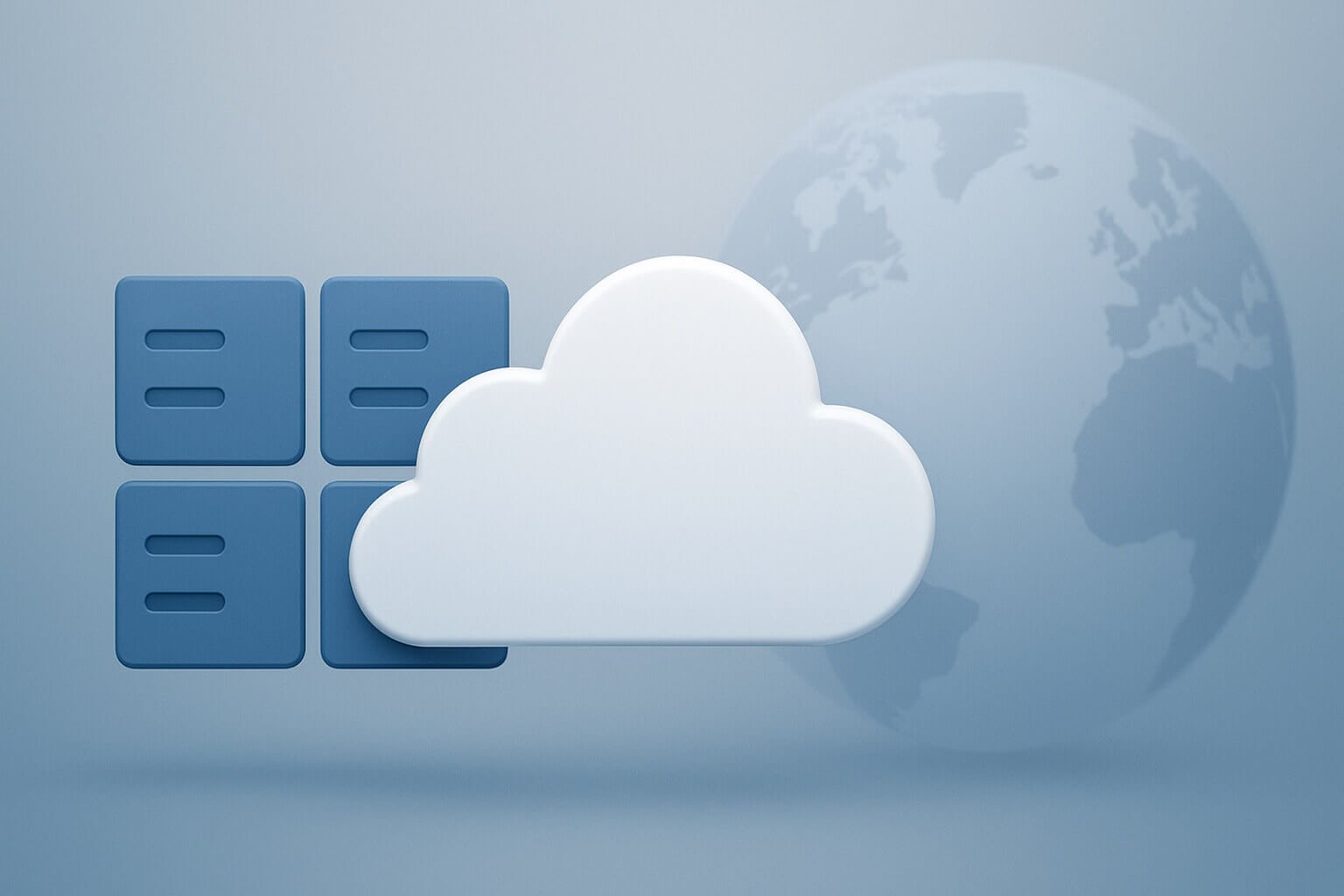 A large white cloud icon overlaps four blue square icons, with a faint globe in the background.