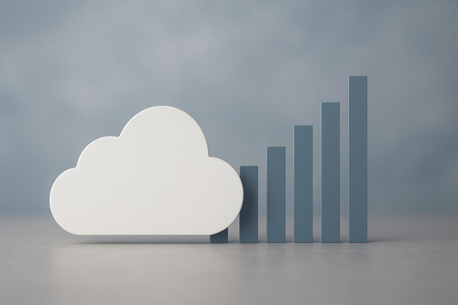 A white cloud shape stands next to a rising sequence of five blue rectangular bars on a plain surface.