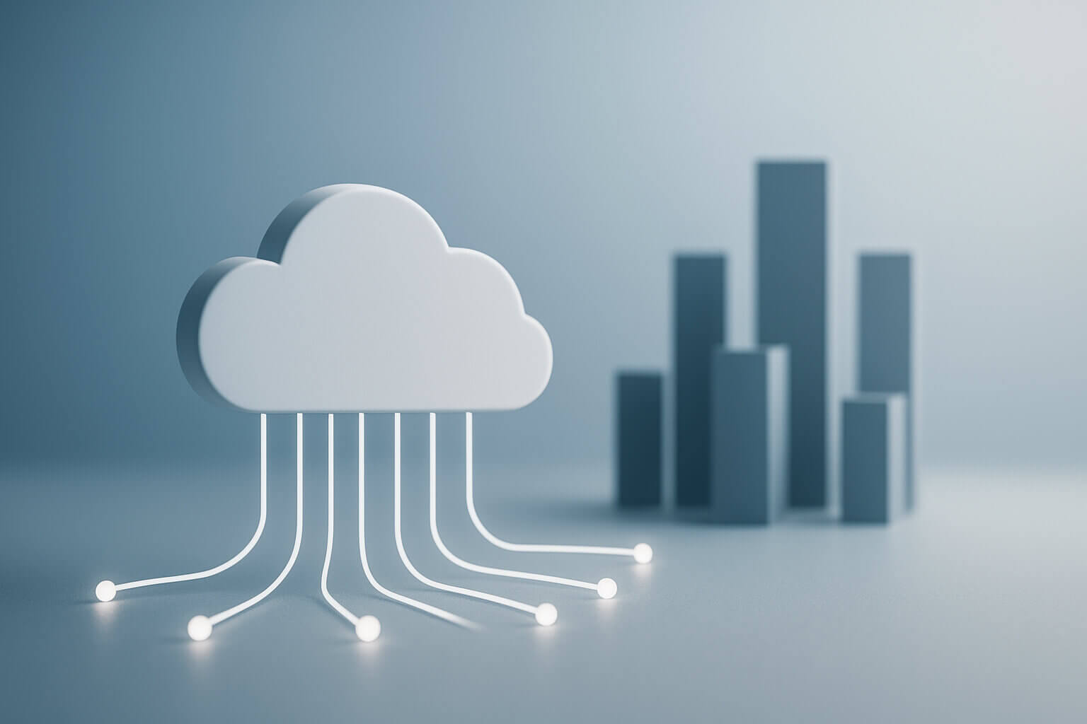 A white cloud shape with glowing lines extending downward sits in front of several blurred vertical bars.