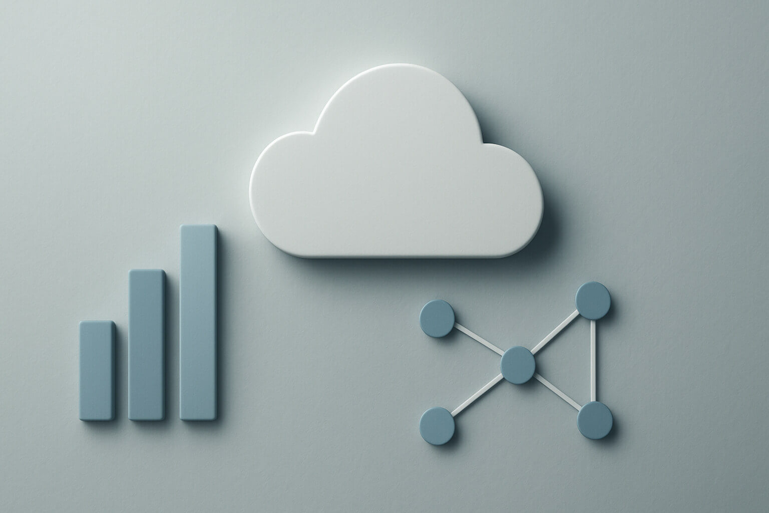 A stylized cloud shape is centered above blue bar and network node icons on a light gray background.