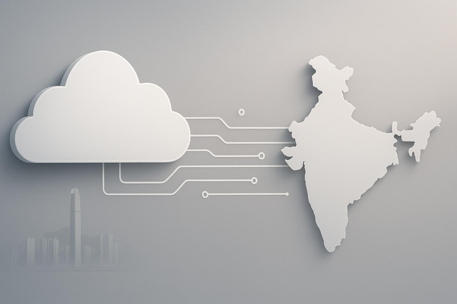 A white cloud icon is connected by lines to a white outline of India on a gray background.